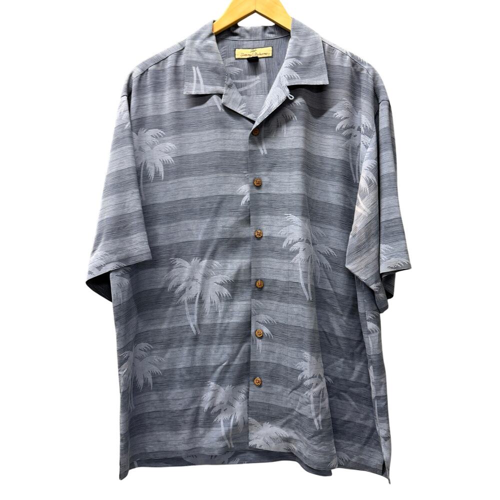Tommy Bahama Shirt Mens Large Silk Button Up Blue Coastal Palm Tree Print